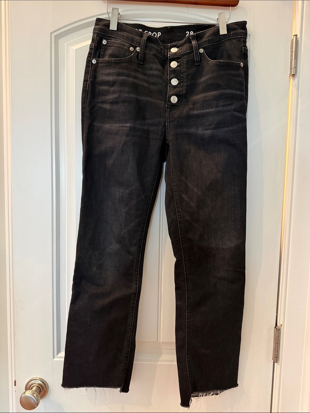 J Crew Billie Crop Black Washed  Button-Fly Jeans with Raw Hem Size 28